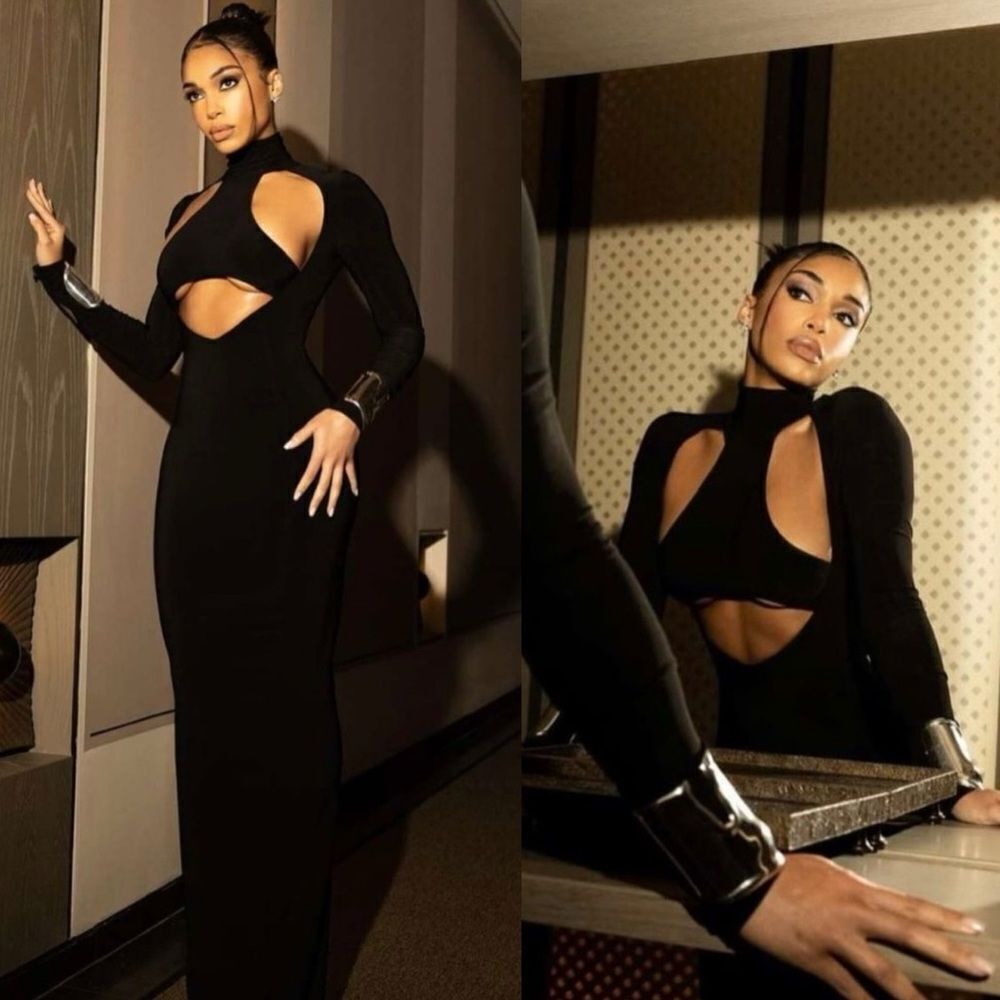 LAQUAN SMITH Size XS NWT Cutout Stretch Jersey Turtleneck Gown Maxi Dress Black - Picture 2 of 16